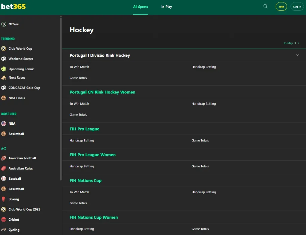Bet365 - Screenshot with hockey betting options.