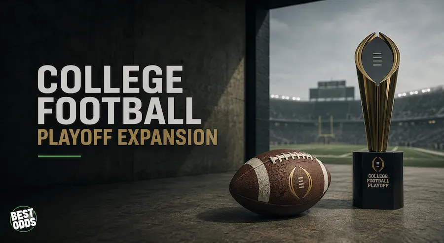College Football Playoff Expansion - Banner with trophy and football.